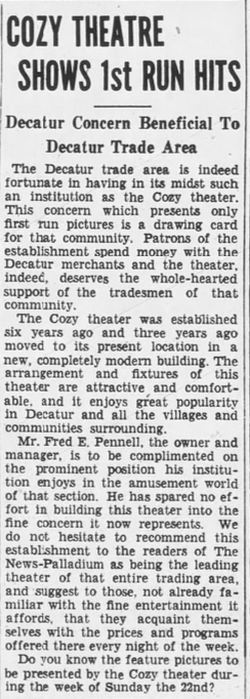 Cozy Theatre - May 1938 Article